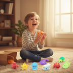 Excited child discovering colourful squishy sealife surprise toys — golden hour joy