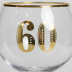Extreme macro close-up of gold Art Deco 60 numerals with pearl dot detail on clear gin glass