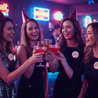 Bride tribe wearing Hen Night Bachelorette Badges laughing together at a cocktail bar on a hen night out