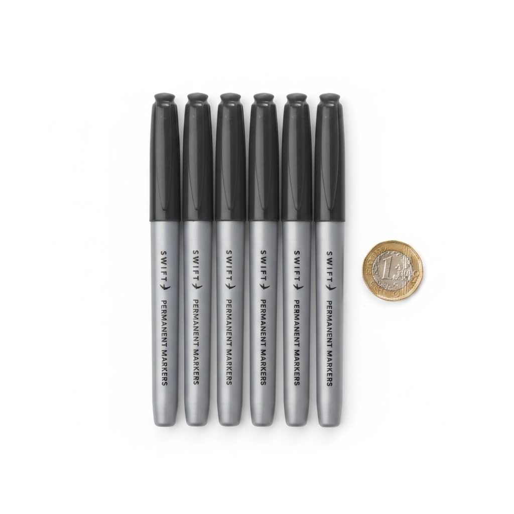 Swift Permanent Markers Black 6 Pack flat lay with British £1 coin for size reference — all 6 grey-bodied markers displayed on white background