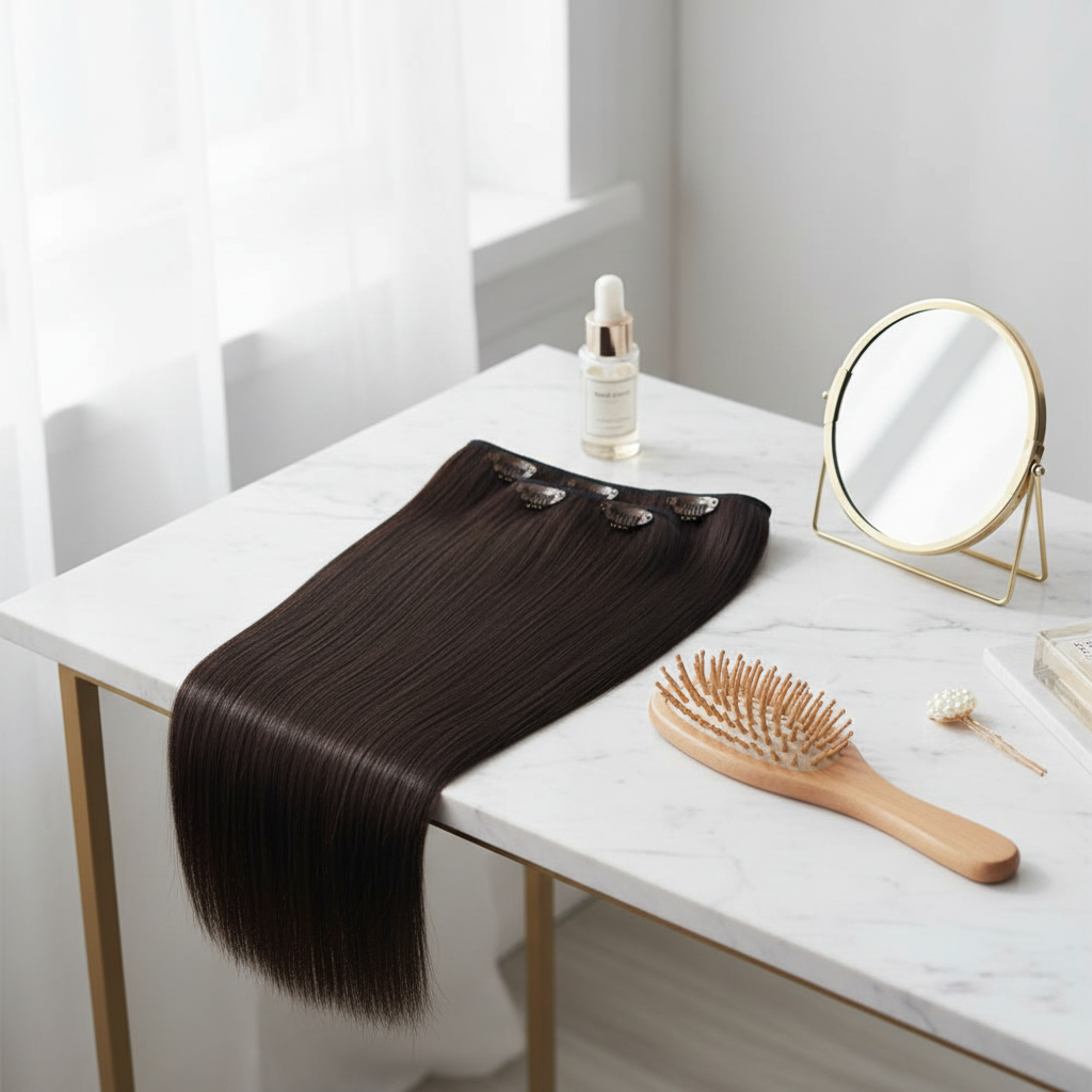 20 inch straight clip-in hair extension Colour #2 Nigella displayed on a marble vanity surface with hairbrush and mirror in natural light