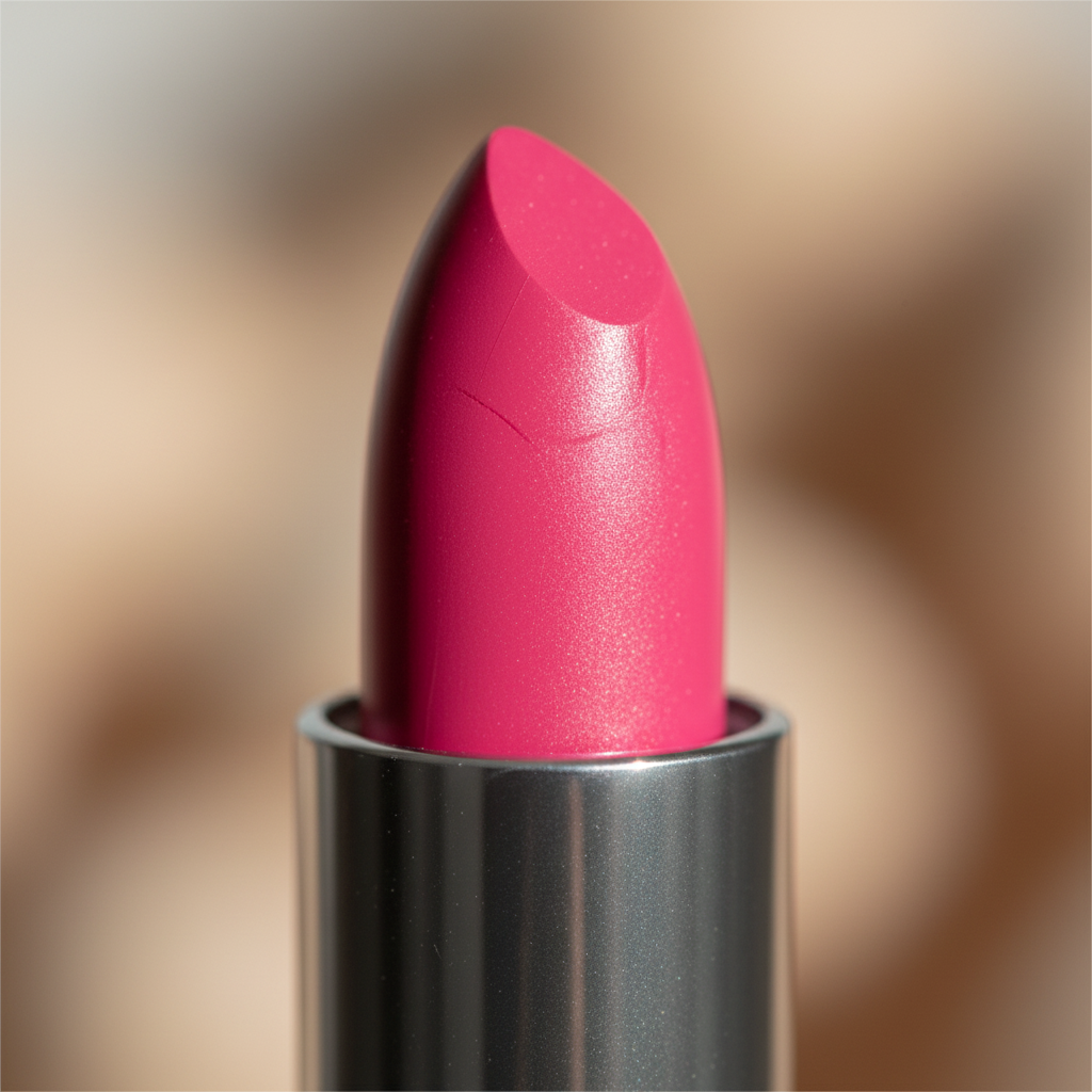 Extreme macro close-up of Laval Passion Pink 78 lipstick bullet showing creamy lightweight texture