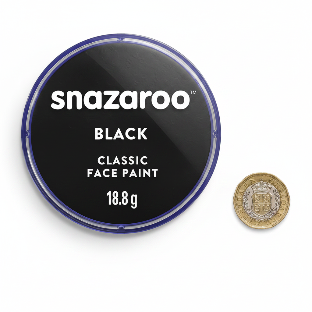 Snazaroo Classic Black Face Paint 18ml pot beside a British pound coin showing product scale, flat lay on white background