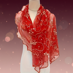 Womens red sheer chiffon long scarf with mushroom ruffle edges and gold floral embroidery on mannequin, elegant studio product shot