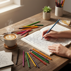 Adult coloring book with Cre8 pencils spread on wooden desk, relaxing creative hobby