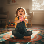 Happy child holding a sensory putty ball with pure joy in warm golden hour light — stress relief and fun