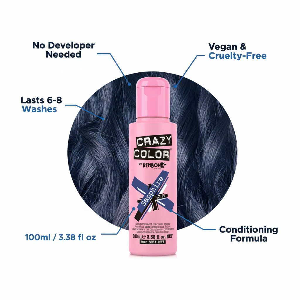 Crazy Color Sapphire Blue No.72 feature infographic showing no developer needed, vegan formula, 6-8 wash longevity and 100ml size
