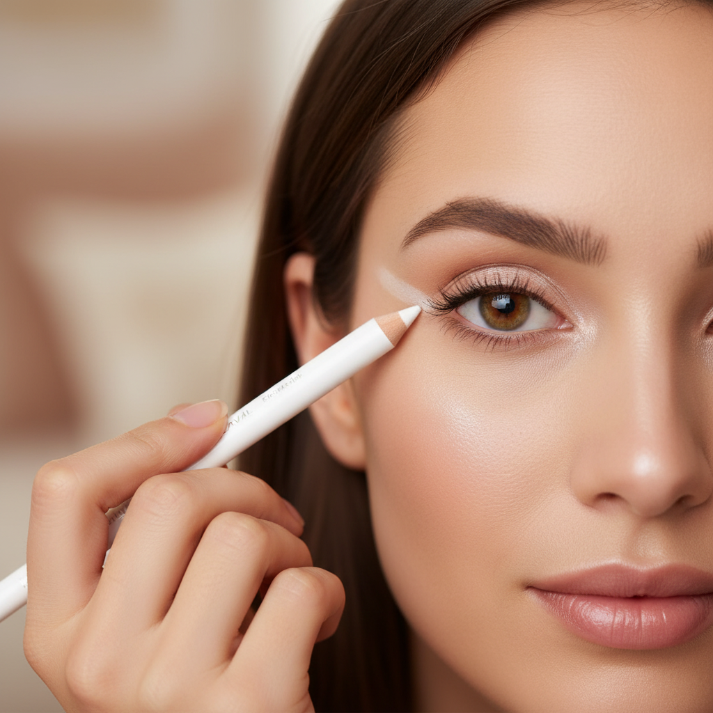 Woman applying Laval Pearl White eyeshadow pencil to brighten inner corner and brow bone