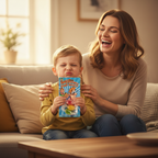 Parent and child on sofa in golden hour light, child pulling sour face holding Funnyman Supersonic Sour Sweets packaging while parent laughs