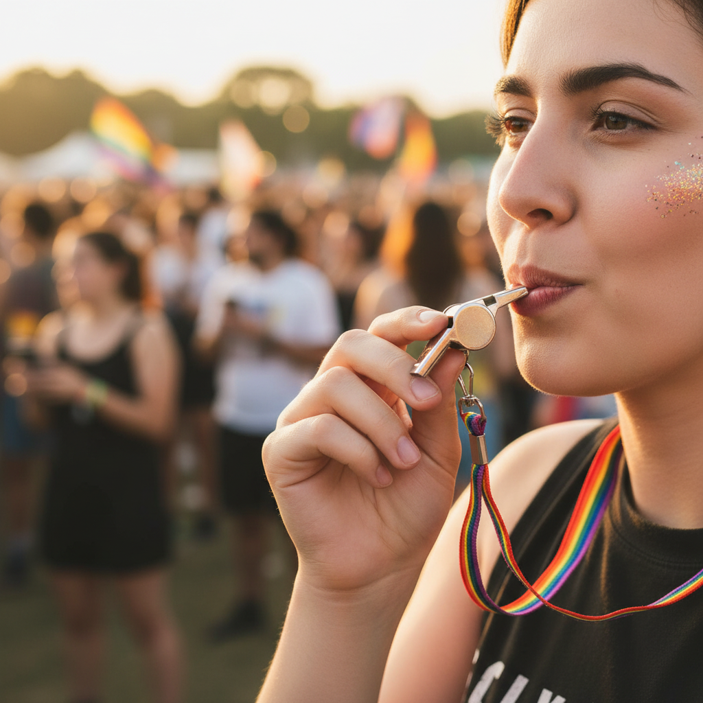 Person blowing Gay Pride silver metal whistle with rainbow lanyard at festival, candid lifestyle shot with bokeh background
