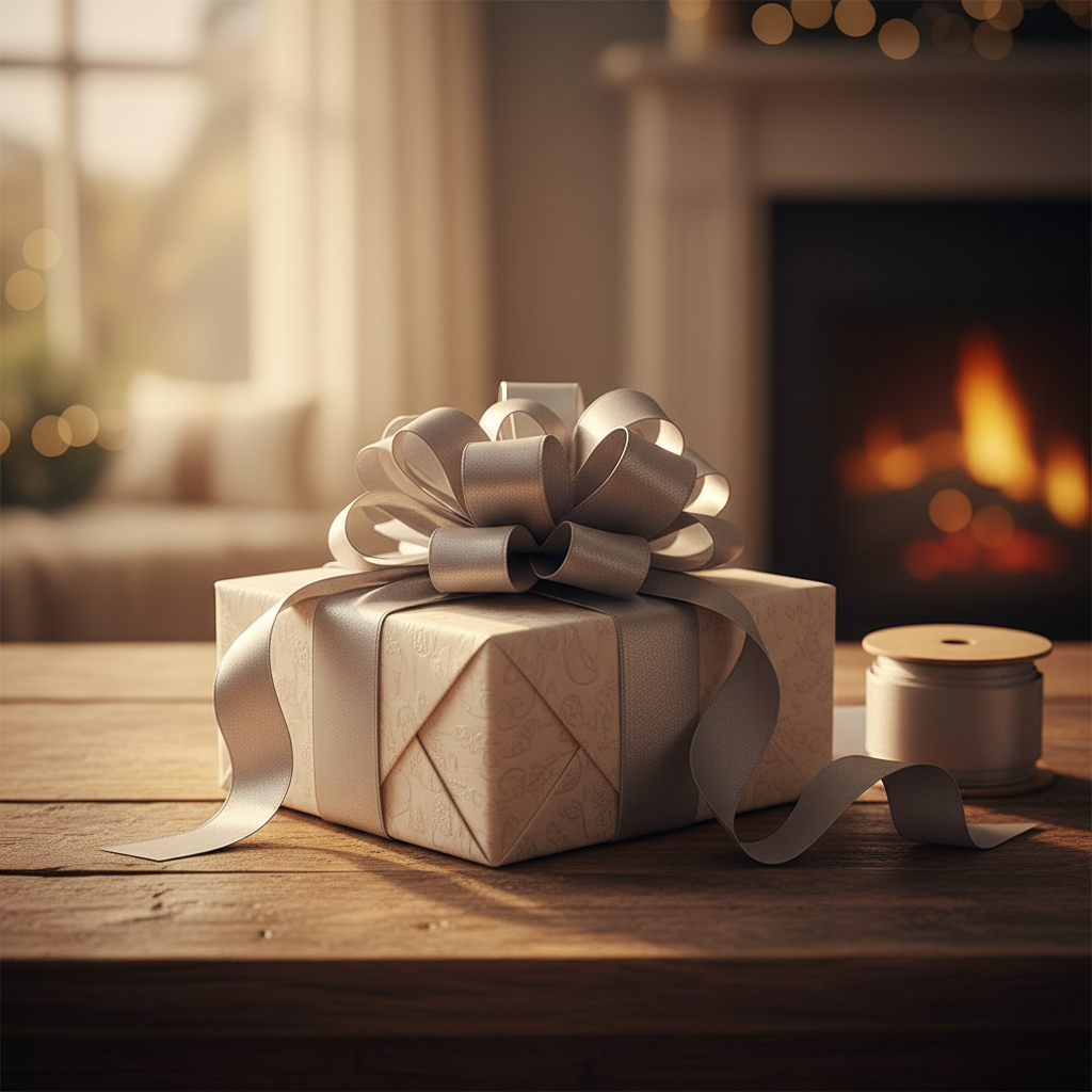 Gift box tied with a large silver ribbon bow in golden hour light – Eleganza Poly Ribbon 50mm Silver