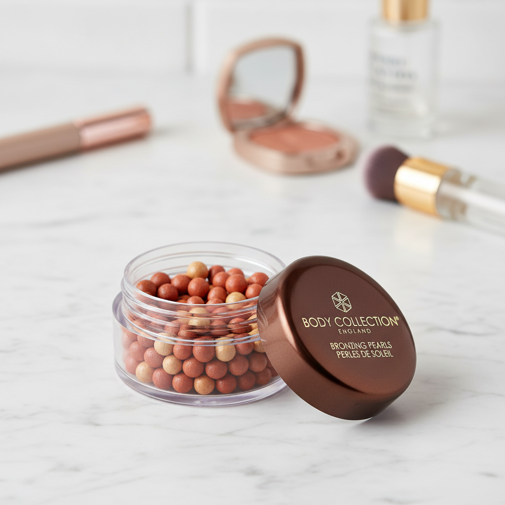 Body Collection Bronzing Pearls on elegant vanity with marble surface and natural lighting