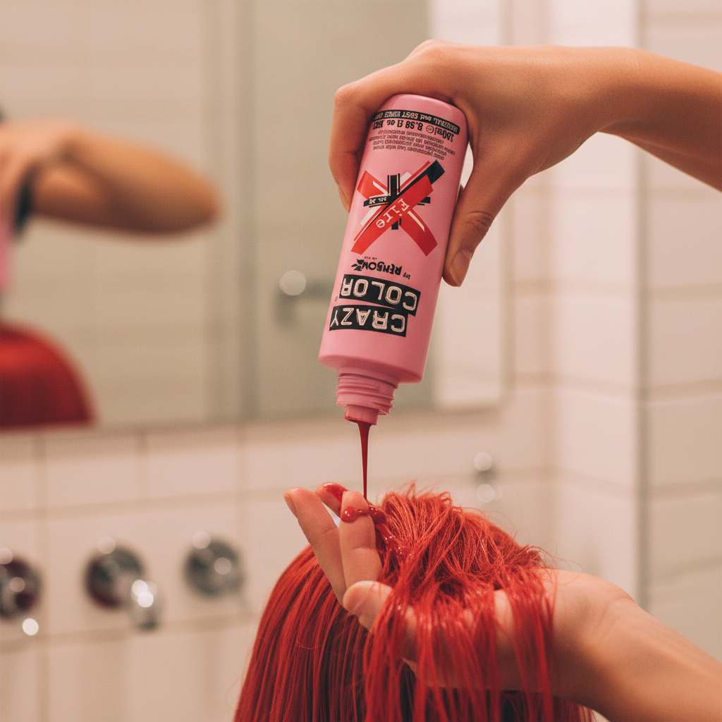 Hands applying Crazy Color Fire Red semi-permanent hair dye from the pink bottle to fire red-toned hair, candid close-up shot