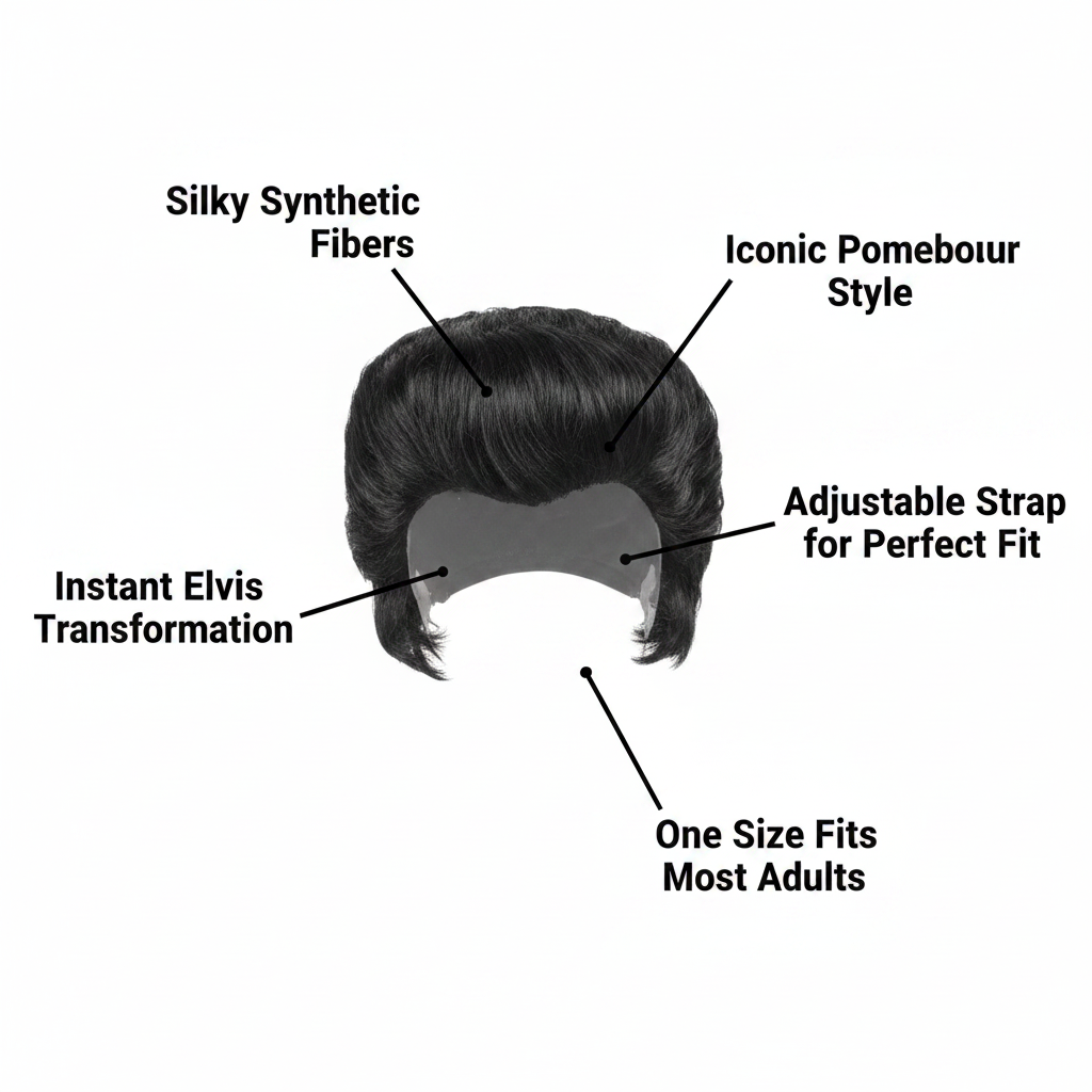 Elvis black wig product infographic with feature callouts: silky fibers, pompadour style, adjustable strap, one size fits most, instant transformation
