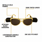 Feature infographic of gold Elvis Presley glasses with callout labels highlighting metallic gold frames, dark lenses, attached black sideburns, one size fits most, and durable construction