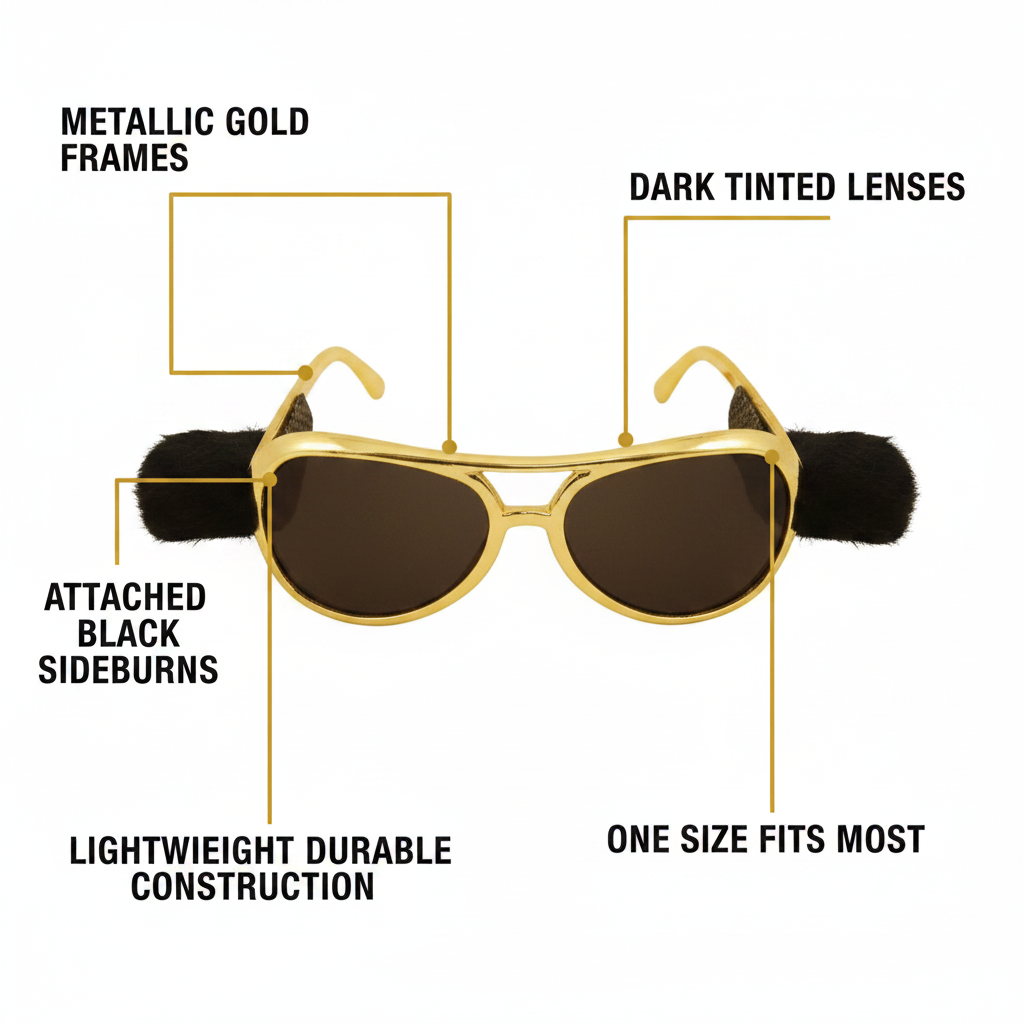 Feature infographic of gold Elvis Presley glasses with callout labels highlighting metallic gold frames, dark lenses, attached black sideburns, one size fits most, and durable construction