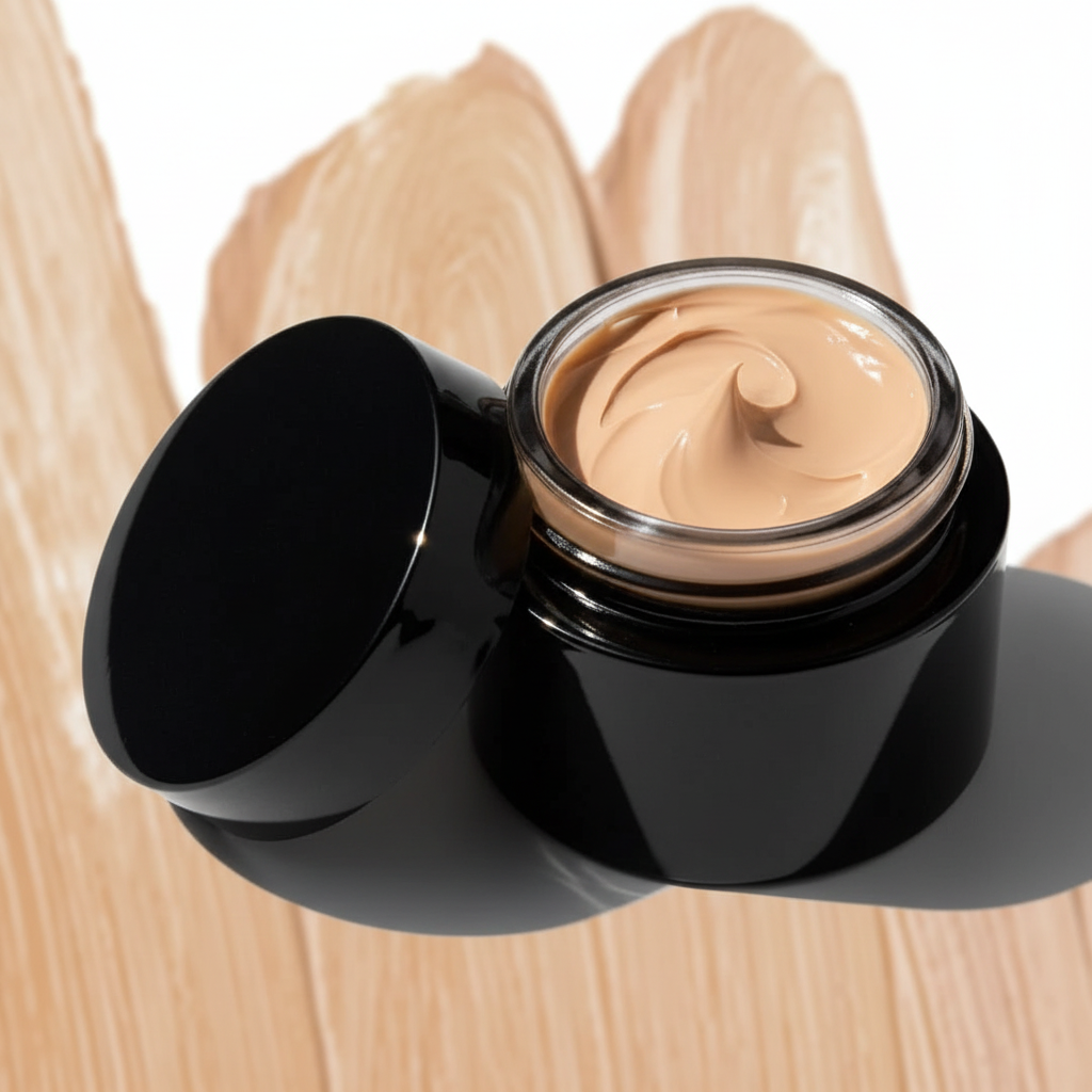 Extreme macro close-up of Leichner Camera Clear Tinted Foundation showing glossy black lid and warm beige cream texture