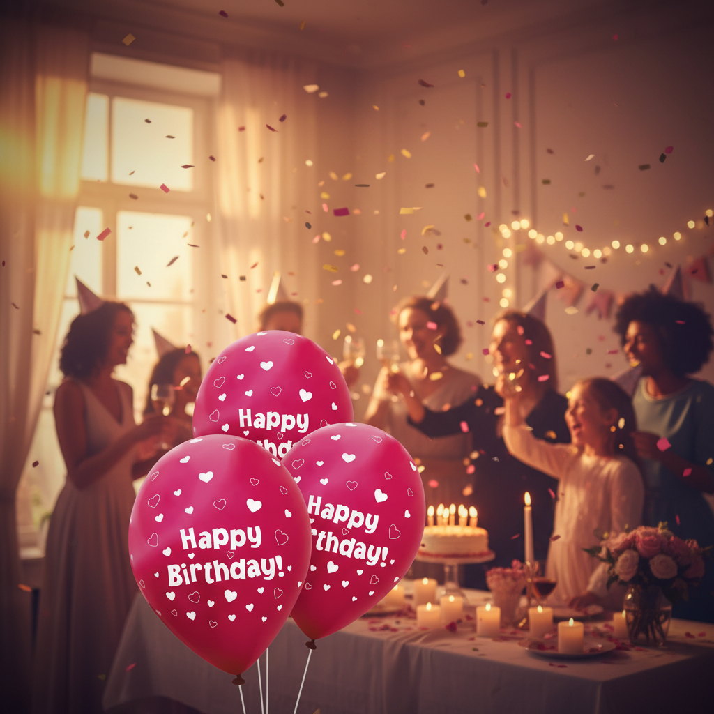 Fuchsia pink Happy Birthday heart balloons floating in a warmly lit birthday party room with golden hour light and confetti
