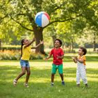 Happy children playing catch with Inflatable Ball 18 Inch in a sunny park, active outdoor play