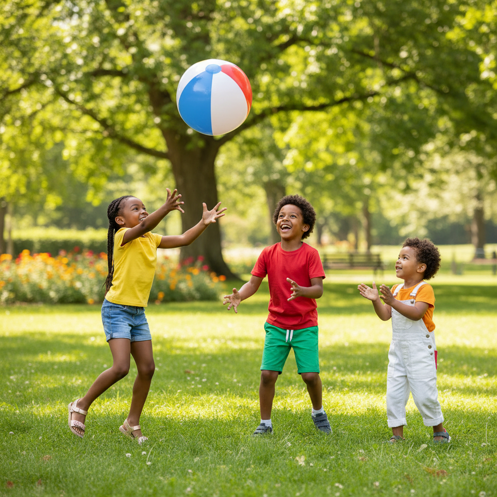 Happy children playing catch with Inflatable Ball 18 Inch in a sunny park, active outdoor play