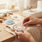 Person's hands picking a coloured pin from the white circular pin wheel tray while pinning fabric for a sewing project