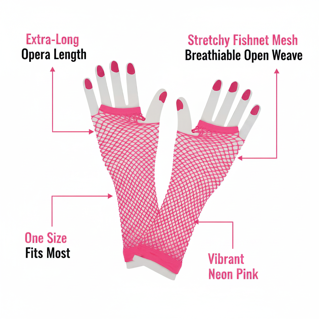 Neon pink fishnet gloves feature infographic showing extra-long opera length, stretchy mesh, breathable weave, one size fits most