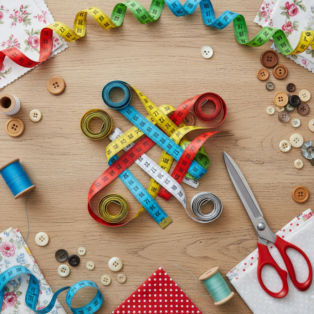 Flat lay of colourful cloth tape measures arranged on a wooden craft table with sewing accessories