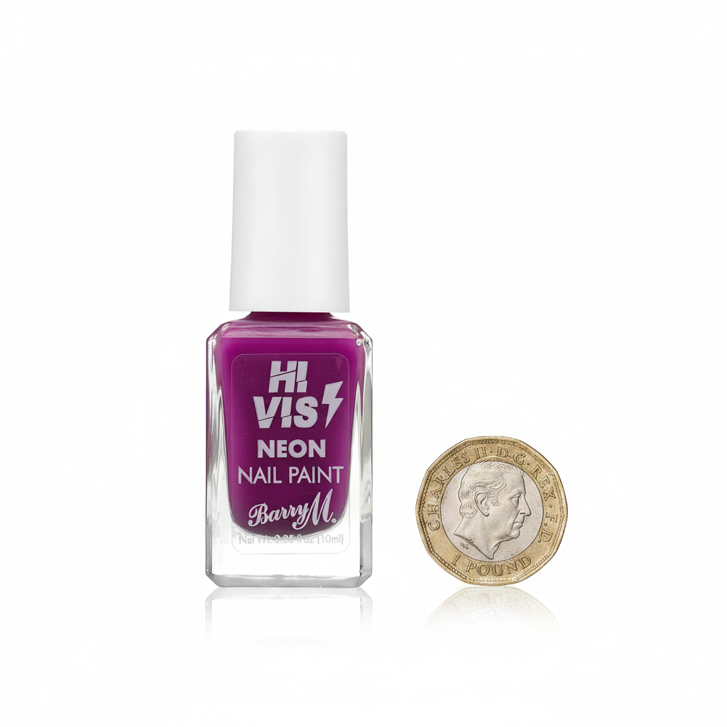 Barry M Hi-Vis Neon Nail Paint Fearless Purple 243 – flat lay beside a UK £1 coin showing 10ml bottle size on white background