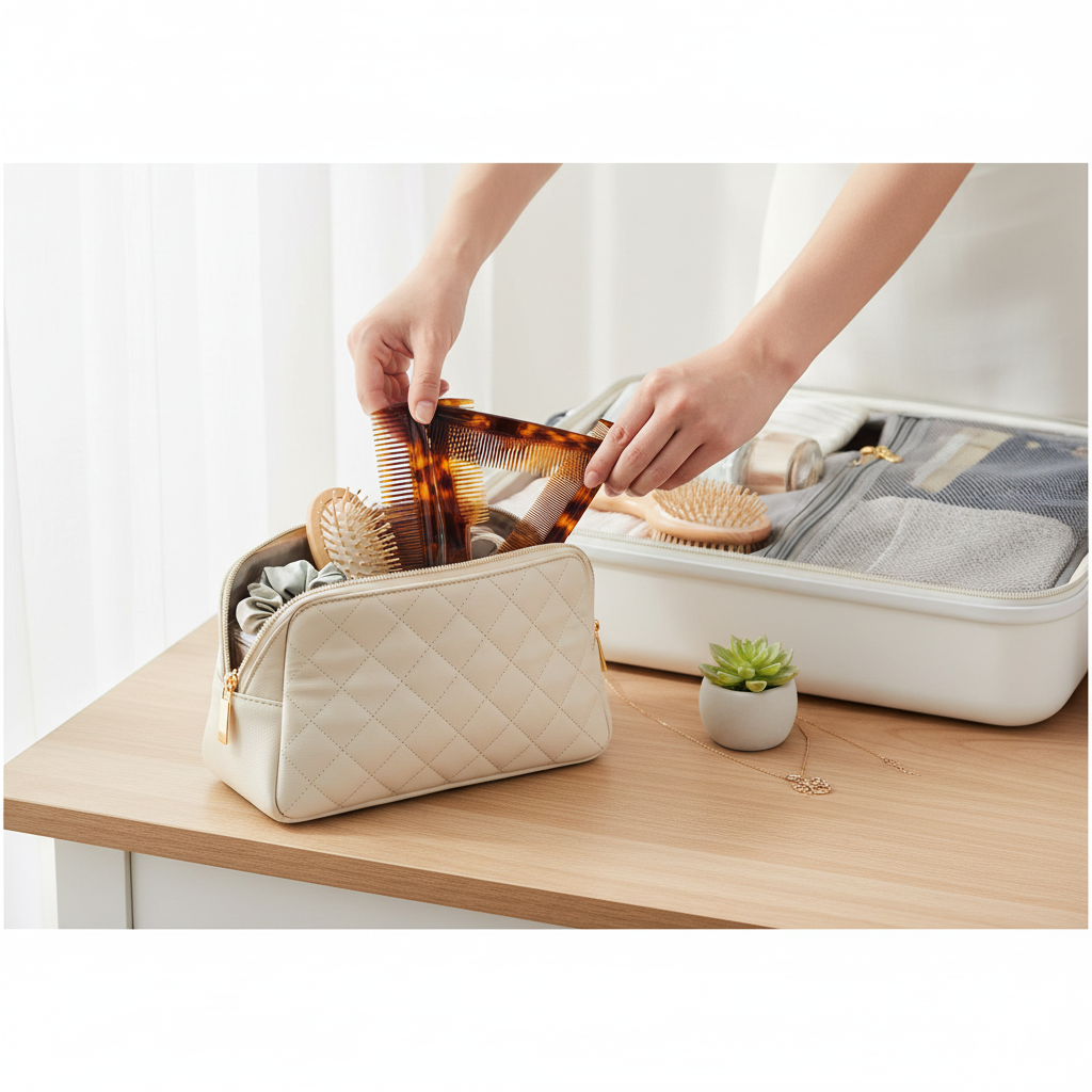 Woman packing tortoiseshell comb set into travel toiletry bag - Hair Comb Set portable lifestyle