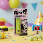 Funnyman Snappy Chewing Gum pink blister card on kids birthday party table as novelty joke party bag gift with confetti and balloons