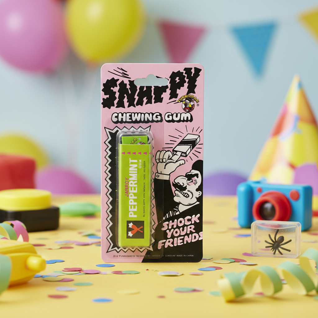 Funnyman Snappy Chewing Gum pink blister card on kids birthday party table as novelty joke party bag gift with confetti and balloons