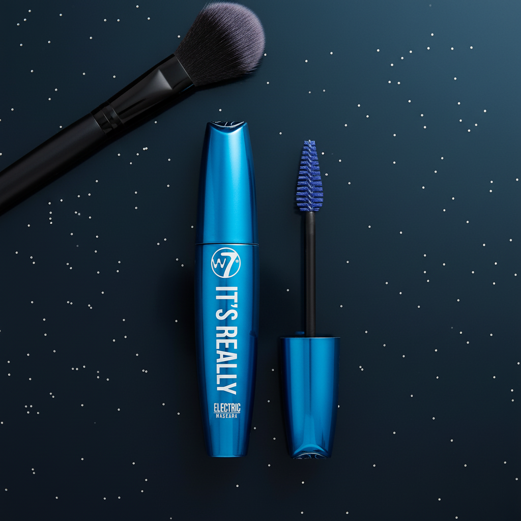 W7 It's Really Colour Mascara in Electric Blue on a dark navy flat-lay with silver glitter accents, bold beauty product shot