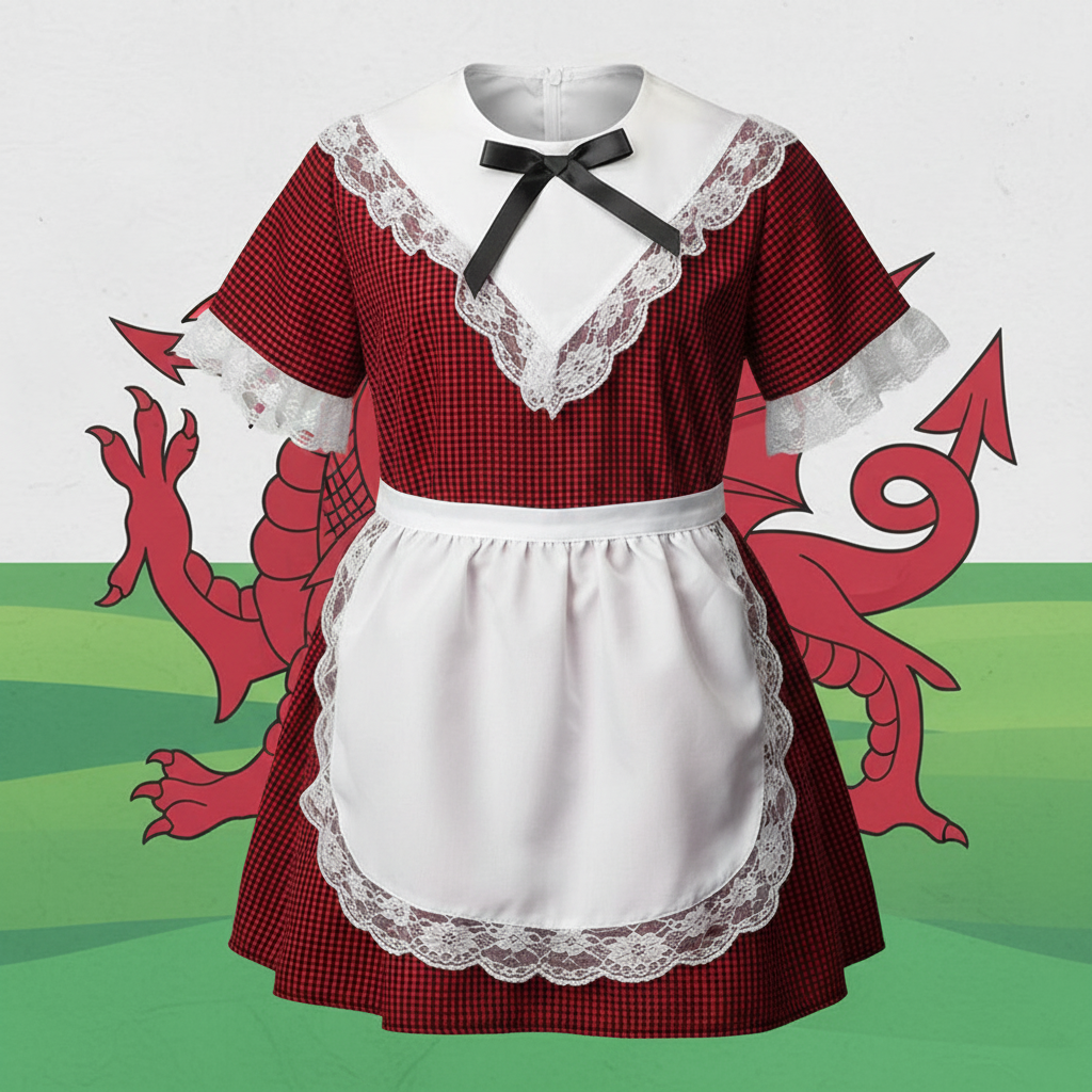 Traditional Welsh baby costume in red checked fabric with white lace trim, apron and black ribbon for ages 0-6 months