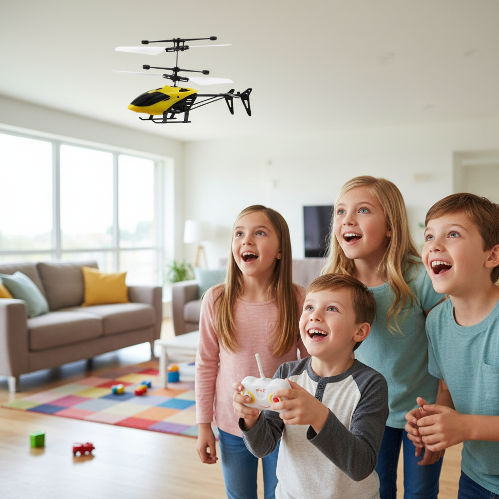 Group of children watching mini radio control helicopter hover indoors - lifestyle image