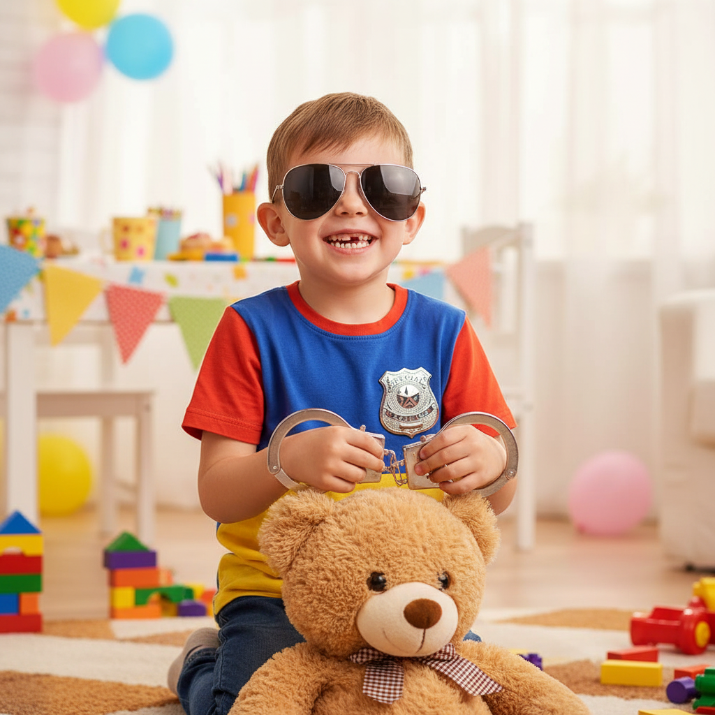 Child wearing police fancy dress accessories playing imaginative role-play