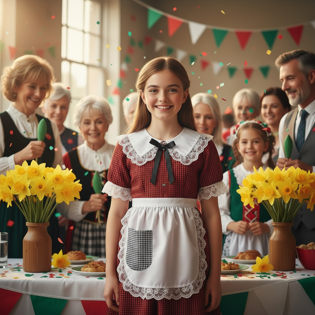 Girl aged 11-12 years in traditional Welsh costume at St David's Day celebration with daffodils and family