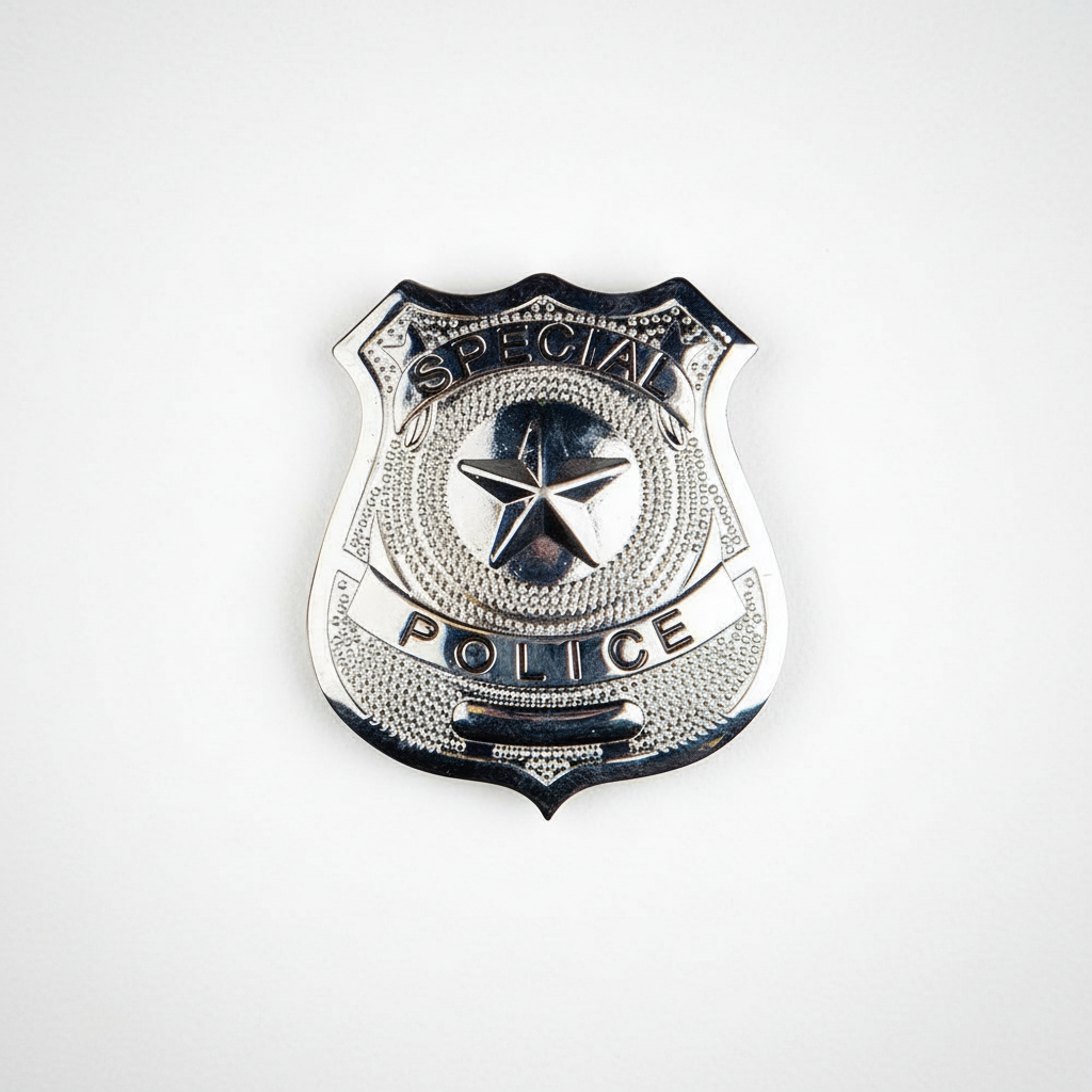 Silver police badge with star design and polished metallic finish - professional product shot