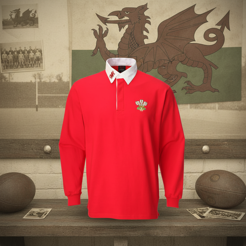 Traditional Welsh rugby shirt long sleeve on heritage background - premium product shot