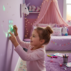 Young girl peeling and sticking glow in the dark unicorn stickers onto a pink and purple unicorn themed bedroom wall