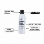 The Hand Brand Acetone-Free Nail Polish Remover 250ml feature infographic highlighting acetone-free formula, fast-acting, 250ml salon-size, nourishing glycerin, vegan and skin kind
