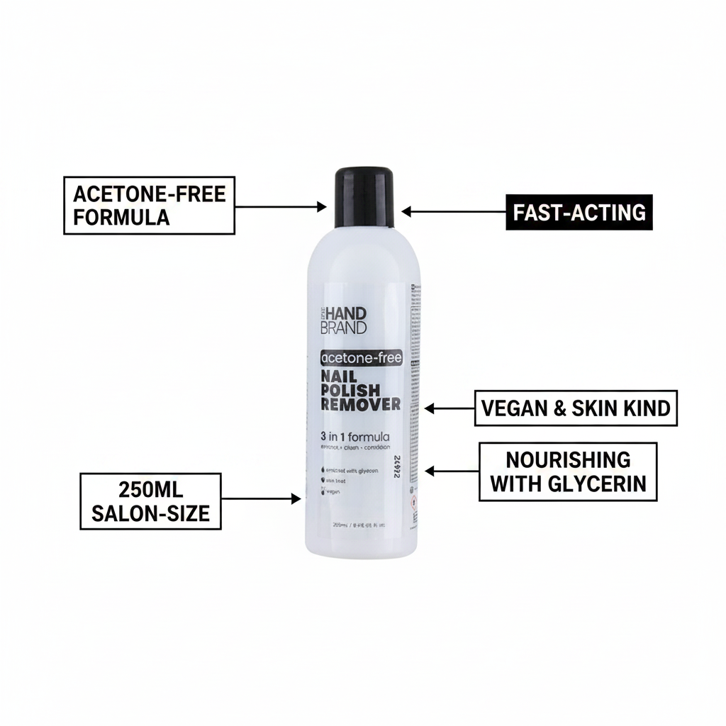 The Hand Brand Acetone-Free Nail Polish Remover 250ml feature infographic highlighting acetone-free formula, fast-acting, 250ml salon-size, nourishing glycerin, vegan and skin kind