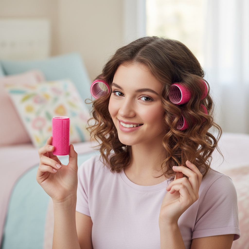 Teenage girl with beautiful bouncy curls holding a pink velcro hair roller showing the results