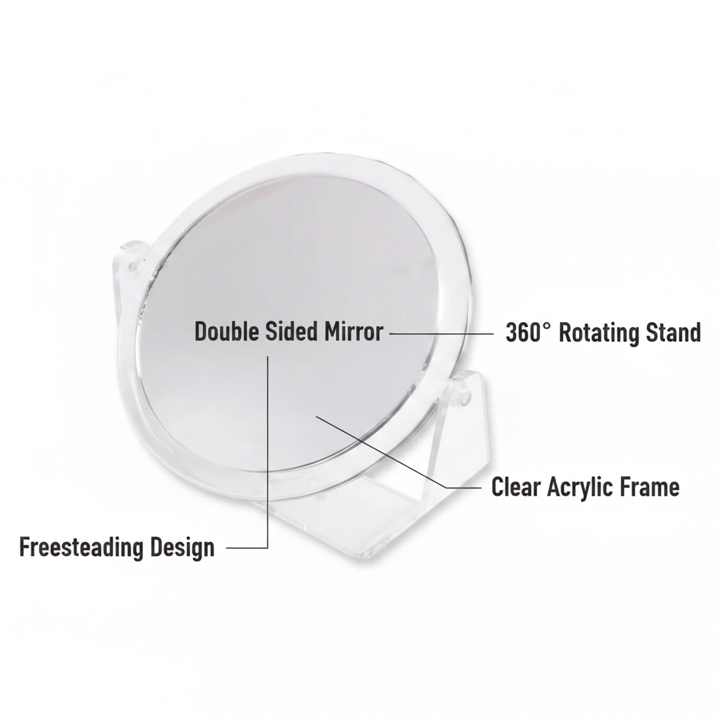 Double Sided Mirror With Stand Feature Infographic - Double Sided, 360 Rotating Stand, Clear Acrylic Frame, Freestanding