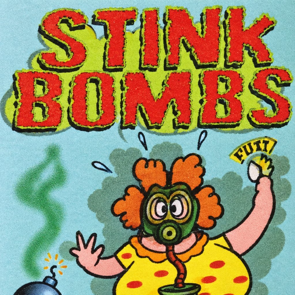 Close-up of red STINK BOMBS lettering and gas-mask cartoon on the teal packaging
