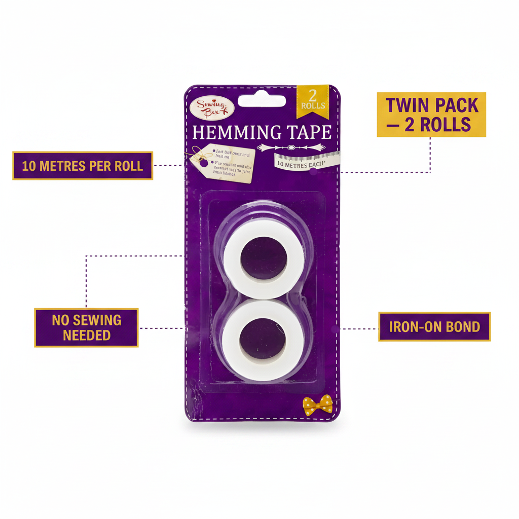 Hemming Web Tape Twin Pack feature infographic showing 10 metres per roll, no sewing needed, iron-on bond and twin pack callouts