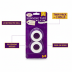 Hemming Web Tape Twin Pack feature infographic showing 10 metres per roll, no sewing needed, iron-on bond and twin pack callouts