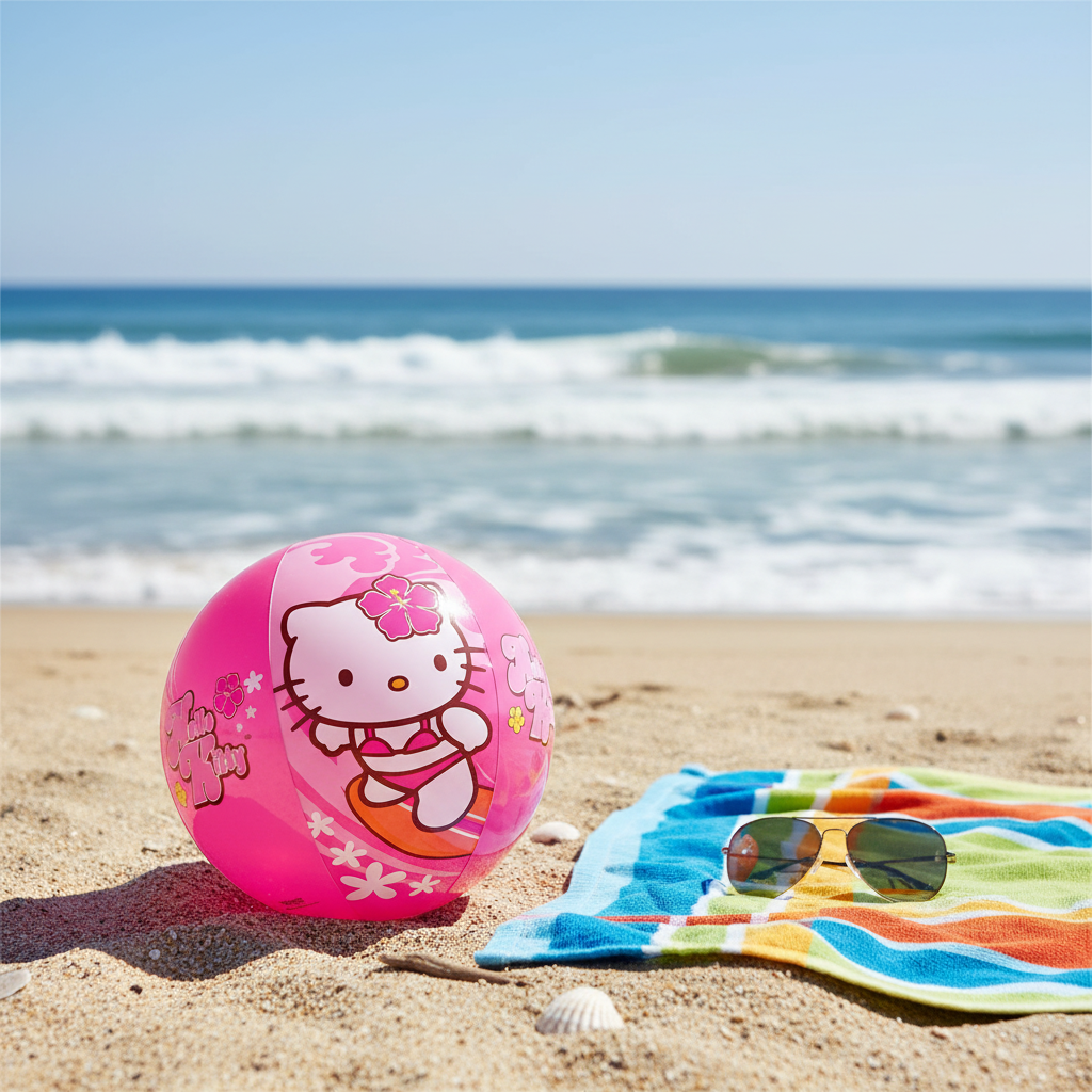 Hello Kitty pink beach ball resting on golden sand beside beach towel and sunglasses, natural light