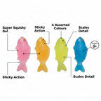 Squishy Sticky Icky Fishy feature infographic showing all four colours with callout labels for key product features