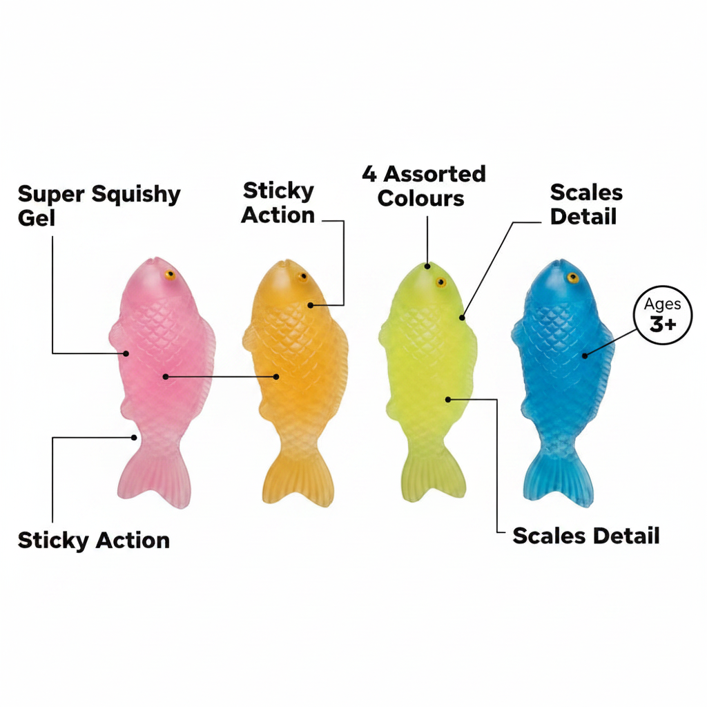 Squishy Sticky Icky Fishy feature infographic showing all four colours with callout labels for key product features