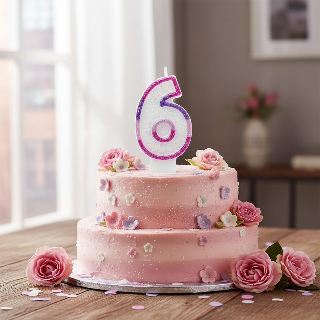 Pink glitter number 6 candle on decorated birthday cake with natural window light and pink floral props